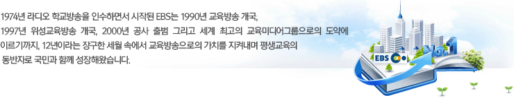 1974년 라디오 학교방송을 인수하면서 시작된 EBS는 1990년 교육방송 개국, 1997년 위성교육방송 개국, 2000년 공사 출범 그리고 세계 최고의 교육미디어그룹으로의 도약에 이르기까지, 12년이라는 장구한 세월 속에서 교육방송으로의 가치를 지켜내며 평생교육의 동반자로 국민과 함께 성장해왔습니다.